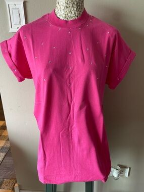 Vintage 90s Embellished Crewneck Short Sleeve Top - Hot Pink